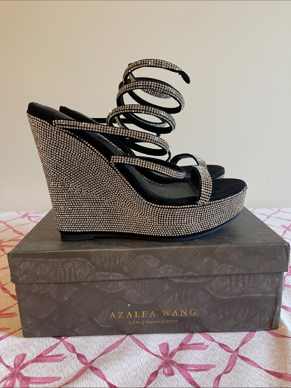 Azalea Wang Black Crystal Spiral Wedge Sandals